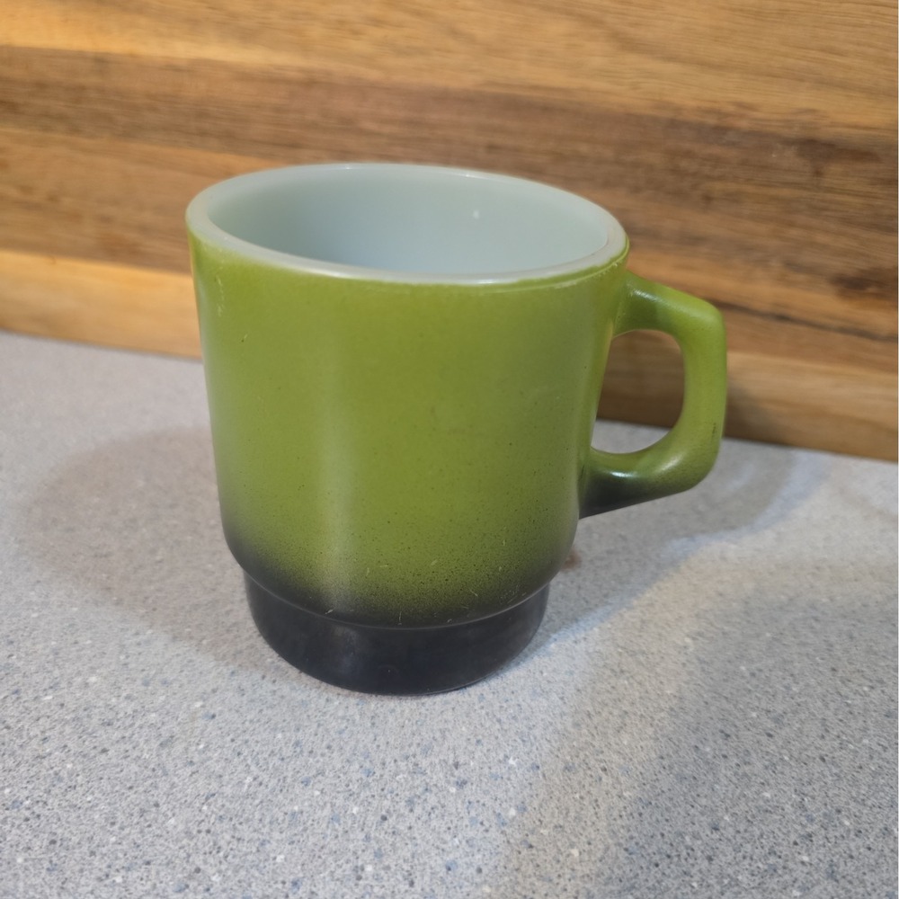 Vintage Anchor Hocking Fire King Avocado Green Black Coffee Mugs Stackable Cups
